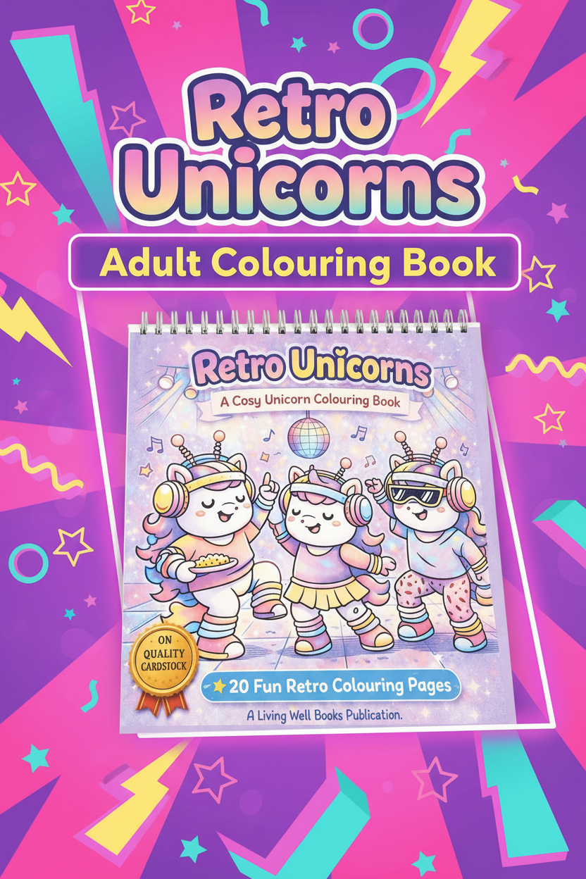 Retro Unicorns colouring book on a bold 80s-themed Pinterest pin background with neon geometric shapes and rainbow gradients